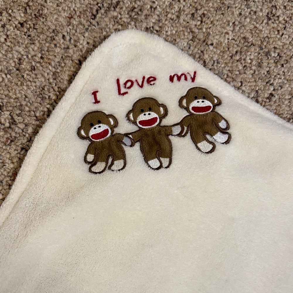 Baby Starters Cream Blanket with Sock Monkey Embroidery - Picture 2 of 4